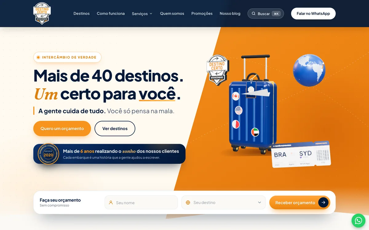Site da Destino Certo Intercâmbios