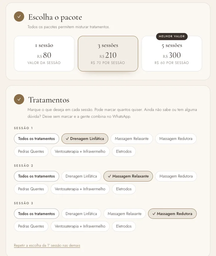 Escolha do pacote e dos tratamentos de cada sessão