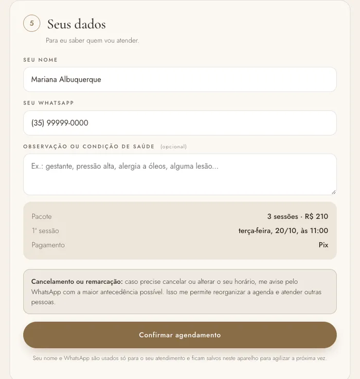 Resumo do agendamento e botão de confirmação