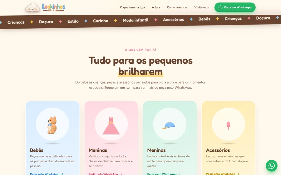 Seção com as categorias da loja e objetos em 3D