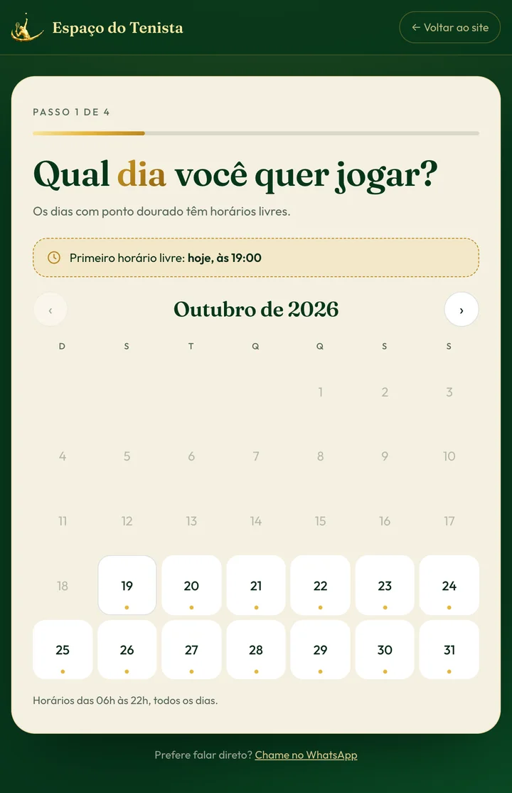 Calendário com os dias que têm horários livres