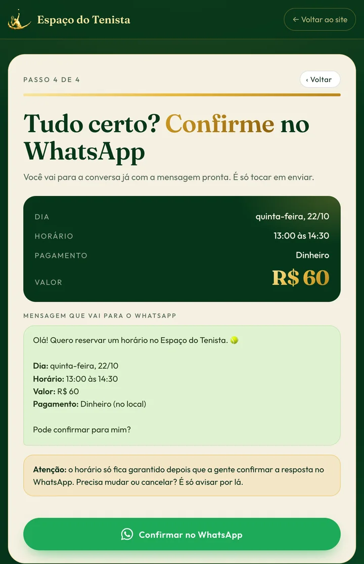 Resumo da reserva e botão para confirmar no WhatsApp