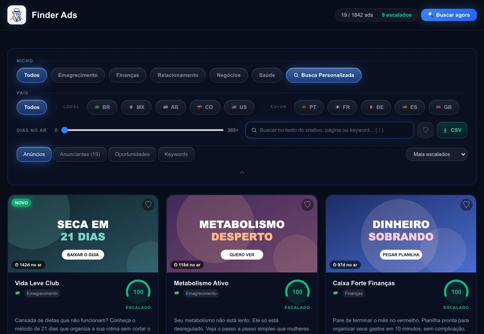 Lista de anúncios com filtros e nota de escala