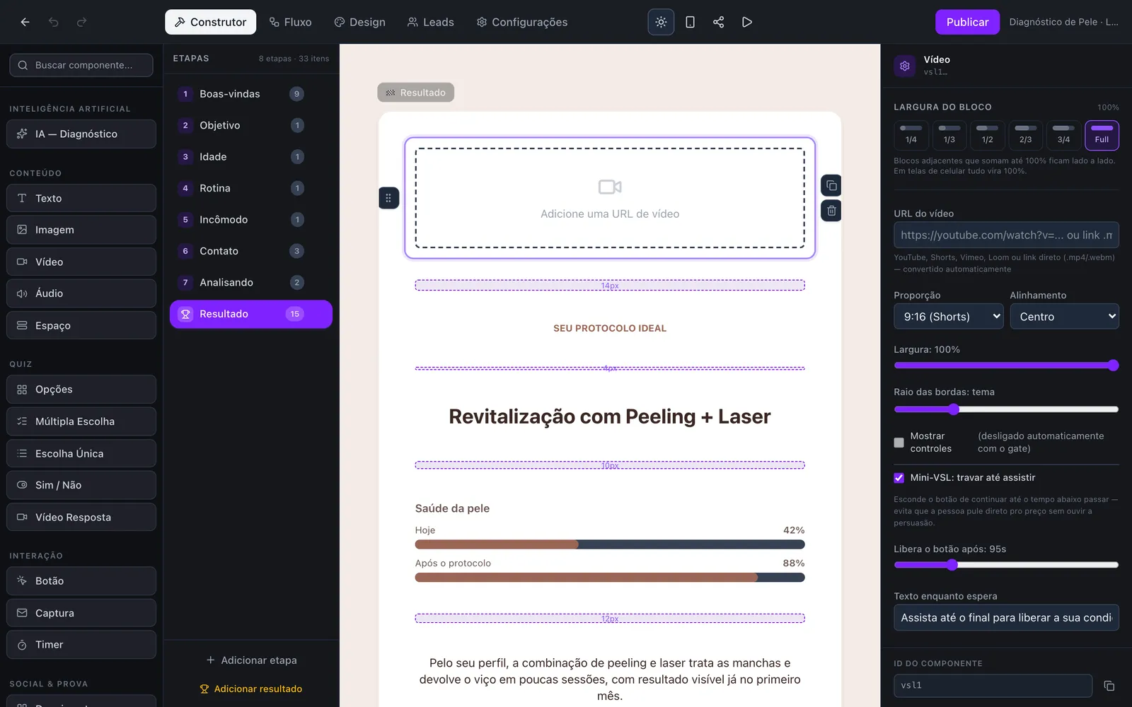 Configuração do vídeo de vendas com botão liberado após 95 segundos